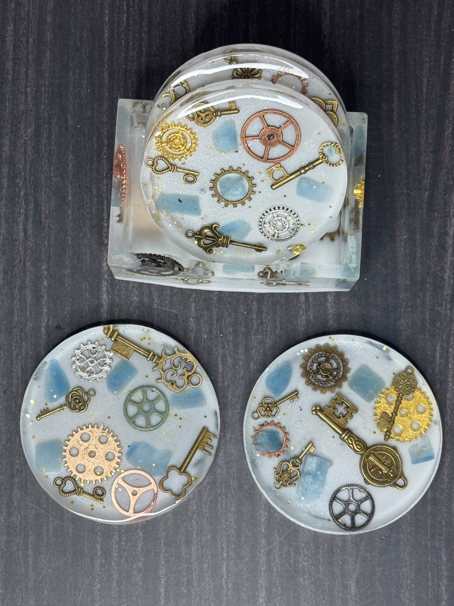 Coaster Set with Stand - Steampunk gears and keys