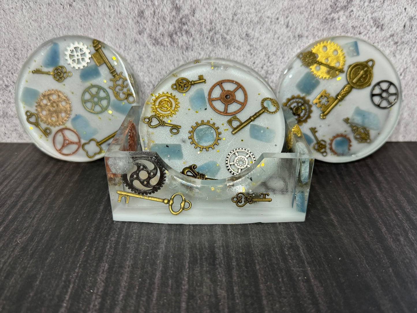 Coaster Set with Stand - Steampunk gears and keys